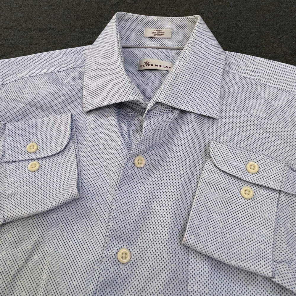 Peter Millar Mens Large Blue Micro Dot Print Button Down Dress Shirt 100% Cotton
